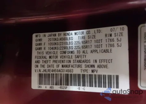 2010 Honda Cr-V Ex from USA, damaged, VIN JHLRE4H59AC014983